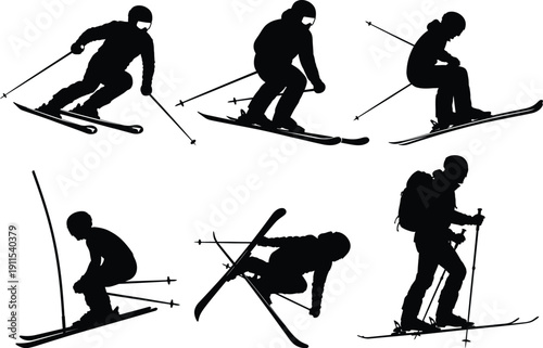 Skiing Silhouettes Set with Freestyle Jumps and Winter Sports Poses