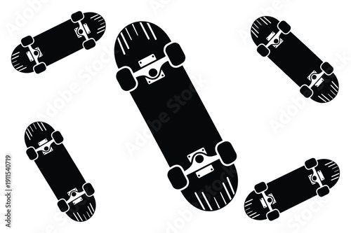 Black Silhouette Skateboards Scattered on White Background