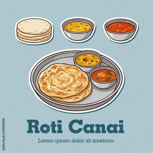 Traditional Malaysian breakfast Roti Canai or Roti Prata flatbread set with dhal and fish curry gravy vector illustration