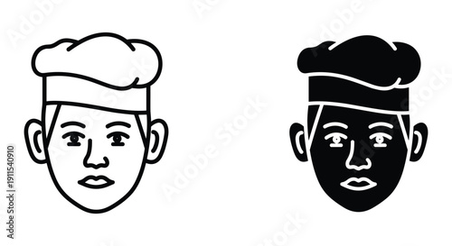 Chef and sushi master vector illustration, minimalist black and white line art, professional kitchen hat, Japanese cuisine concept, flat design icons