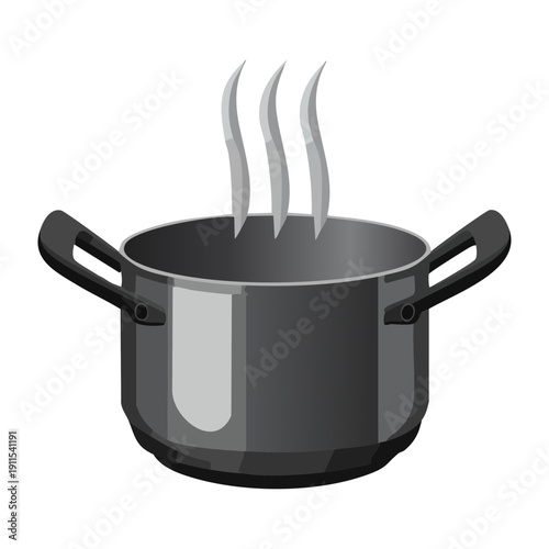 Deep stainless steel cooking pot with steam rising for preparing hot vegetable broth soup - Vector Illustration