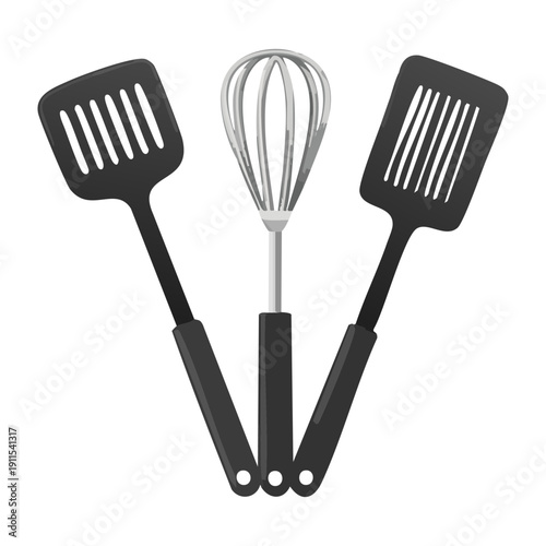 Set of various kitchen spatulas and whisks for stirring and flipping food in pan - Vector Illustration