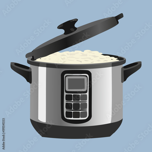 Digital rice cooker appliance with open lid for serving hot steamed rice for dinner - Vector Illustration