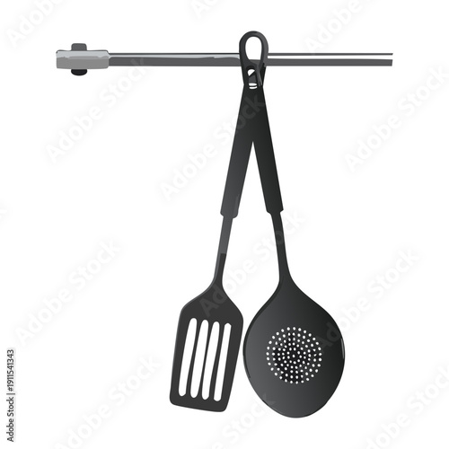 Hanging kitchen tools on metal bar with spatula and skimmer for easy access cooking - Vector Illustration