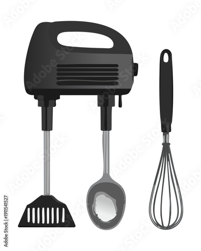 Electric hand mixer tool with beater and whisk attachments for versatile home baking tasks - Vector Illustration