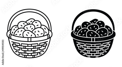 Hand drawn woven basket with fresh eggs and cherries illustration black and white line art vector
