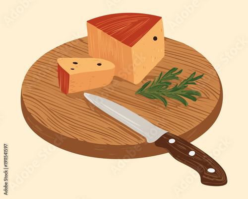 Wooden cheese board with cheddar and rosemary for serving delicious gourmet snacks and appetizers - Vector Illustration