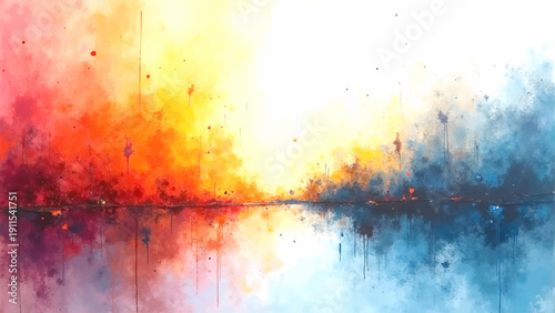 Vector Abstract Watercolor Landscape. An eye-catching watercolor landscape that displays a bold contrast between fiery red-orange hues and cool blues. Design