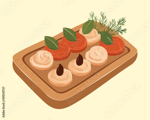 Selection of savory finger foods on wooden board for professional restaurant appetizer service - Vector Illustration