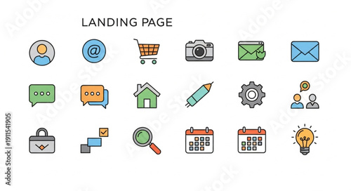 Collection of modern flat design icons for landing page.