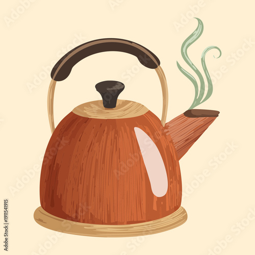 Rustic copper whistling kettle for boiling fresh water to make delicious herbal tea drinks - Vector Illustration