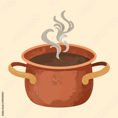 Metallic soup pot with rising steam for preparing traditional hot family meals and stews - Vector Illustration