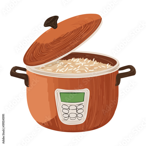 Digital multicooker machine for steaming rice and vegetables to create nutritious family meal dishes - Vector Illustration