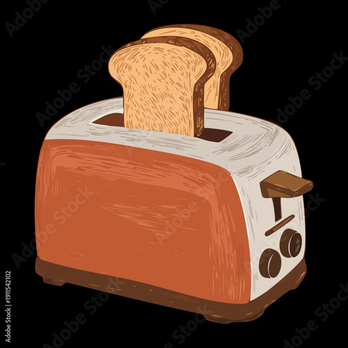 Compact red kitchen toaster with control dial for browning bread to perfect golden crispness - Vector Illustration