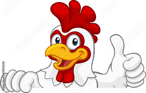 A chicken rooster cockerel bird cartoon character peeking over a sign and giving a thumbs up