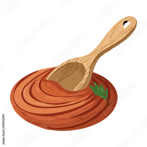 Serving healthy tomato soup with large wooden spoon for nutritious family lunch in kitchen - Vector Illustration