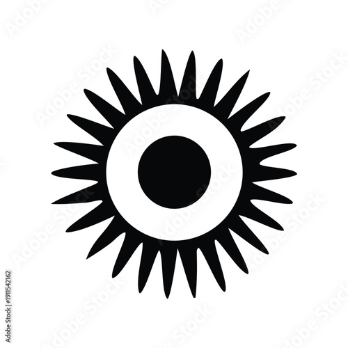 A simplified black and white graphic illustration of a sun with sharp, spiky rays surrounding a central circle, creating a bold and abstract design