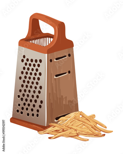 Stainless steel box grater with wooden base for shredding fresh organic cheddar cheese for cooking - Vector Illustration