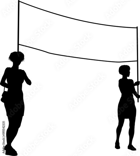 Two protestors or demonstrators at a demonstration march, picket line or strike protest rally in silhouette. Holding up a banner sign.