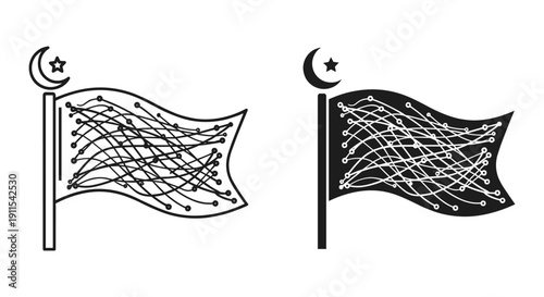 Islamic Flags with Crescent Moon and Star Symbol on White Background