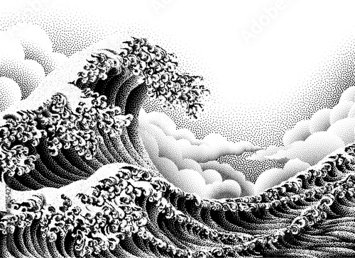 A Japanese style great wave sea design. Original illustration in a vintage retro dots or halftone pointillism style