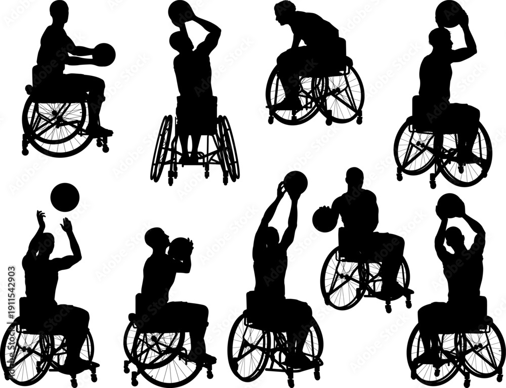 Fototapeta premium Dynamic silhouettes of wheelchair basketball players performing shots passes and dribbling moves for adaptive sports visuals and design projects