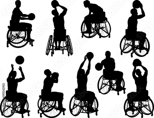 Dynamic silhouettes of wheelchair basketball players performing shots passes and dribbling moves for adaptive sports visuals and design projects