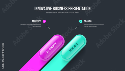 Enterprise Launch Two Element Diagram Slideshow Template. Marketing Review 2 Step Infographic Presentation Layout. Corporate Forecast Slide Design Vector Illustration.