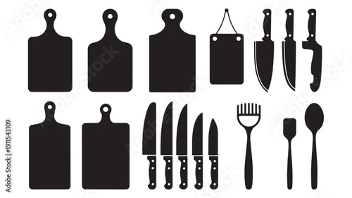 Kitchen Utensils Silhouettes in Modern Minimalist Style with High Contrast Black on White Background for Cooking Website