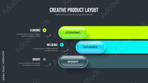 Business Overview 3 Option Diagram Slide Design. Market Introduction Frame Layout Vector Illustration. Sales Strategy Three Step Infographic Slideshow Template.