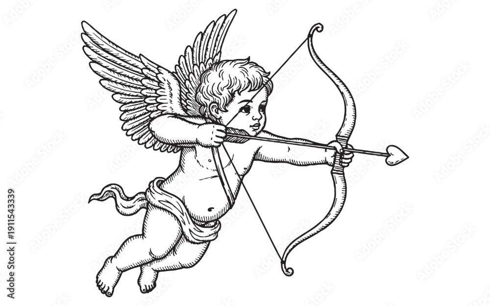Fototapeta premium cupid aimed with a bow and heart-shaped arrow. Hand-drawn engraving style.