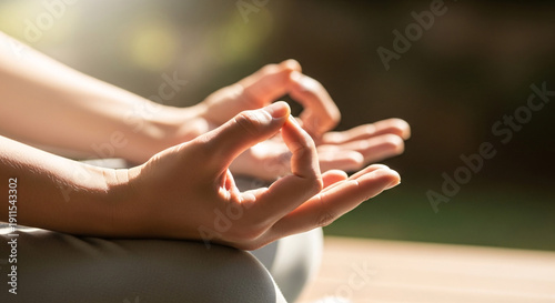 Wallpaper Mural Close up of woman hands in meditation position with soft blurred outdoor background and warm natural light. Torontodigital.ca