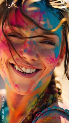Close Up Portrait of Woman with Colorful Face During Holi