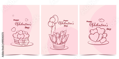 Valentines Day greeting cards line art set. Hand drawn line art Valentines Day greeting cards with romantic love symb