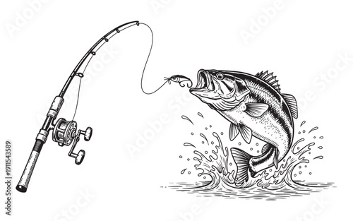argemouth bass fish jumping out of the water to catch a lure on a fishing rod. Hand-drawn engraving style.