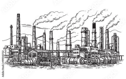 Large industrial complex with multiple smoking chimneys and manufacturing plant buildings. Hand-drawn engraving style.