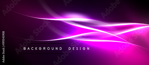Abstract purple lines create dynamic energy. Dark background emphasizes bright glowing curves, modern design element.