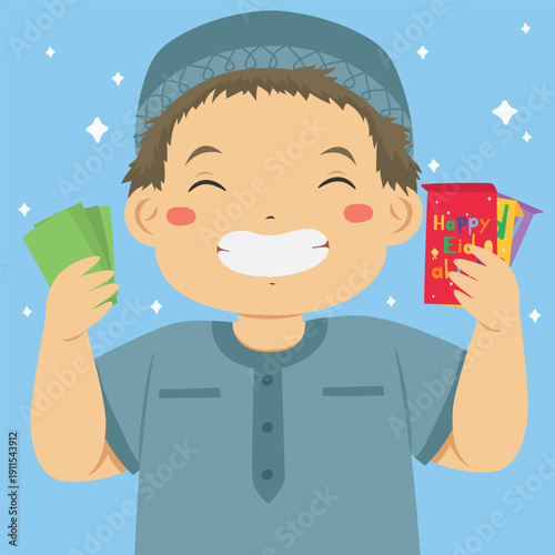 Muslim boy grinning holding money and colorful Eid envelopes during Eid al-Fitr celebration. Cute children celebrating Eid cartoon character vector illustration isolated.