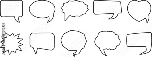 Speech bubble outline set isolated on white. Clean comic dialog shapes for messaging and UI design. Simple vector elements for chat, apps, and infographics.