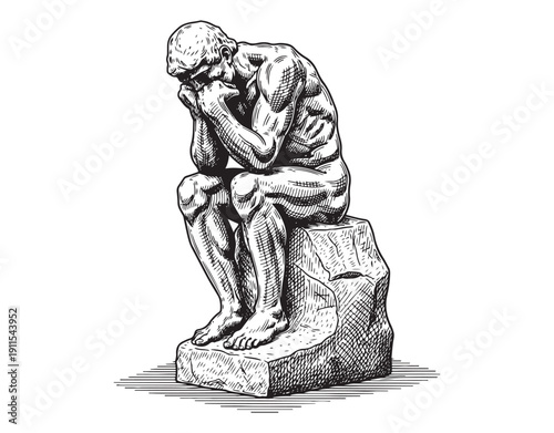 Classical sculpture of a pensive man sitting on a rock in a thinking pose. Hand-drawn engraving style.