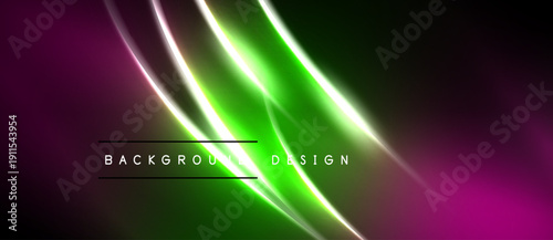 Abstract neon lines create dynamic background. Vivid purple, green hues dominate dark space. Text reads background design.