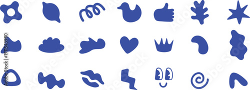 Abstract organic shape icon set in blue. Modern fluid blobs and playful symbols collection. Creative vector elements for branding, apps, and design.