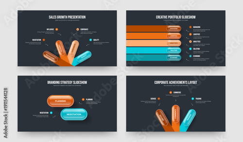 Financial Launch 4 5 2 3 Option Infographic Presentation Design Collection. Creative Performance Four Five Two Three Step Diagram Slide Layout Vector Illustration Set.