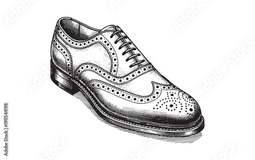 classic leather wingtip brogue dress shoe in a detailed vintage hand-drawn engraving style.