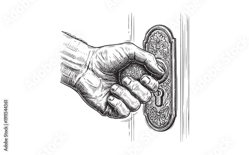 human hand turning an ornate vintage doorknob on a classic wooden door engraving style.