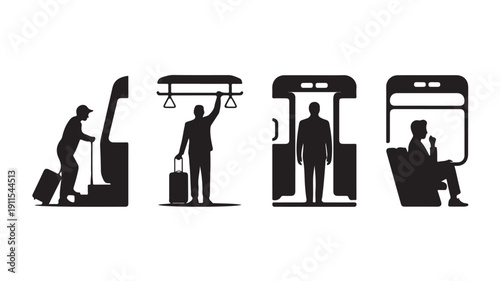 Vector Illustration Of Silhouette Commuters With Luggage On Public Transportation For Travel And Transit Concept