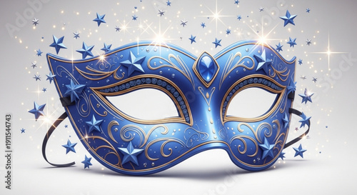 Blue Masquerade Mask with Golden Stars and Swirls Isolated on White Background