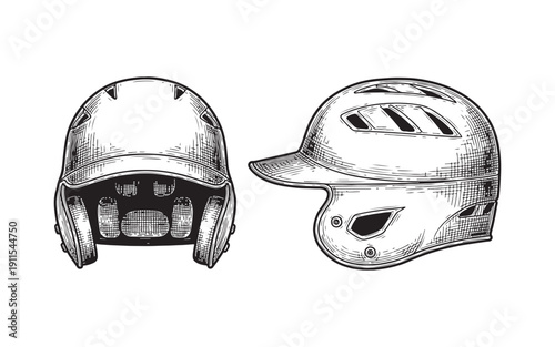 Front and side view of modern baseball batting helmets with protective ear guards line art style.
