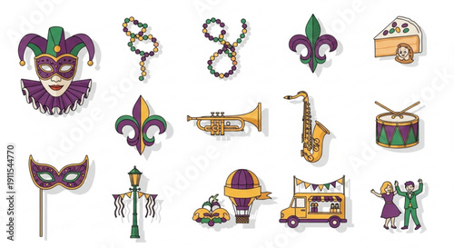 Mardi Gras Party Icons Set with Masks, Beads, and Musical Instruments Isolated on White