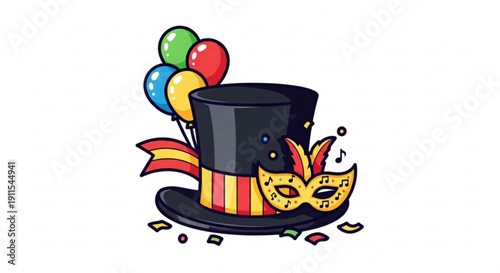 Colorful Carnival Top Hat with Masks and Balloons Isolated on White